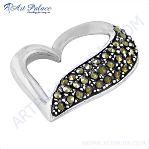 Cute heart-shaped marcasite silver pendant in gun metal, showcasing intricate design and sparkling stones.