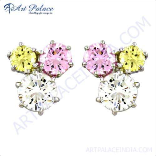 Cute Multi-Color CZ Gemstone Silver Stud Earrings showcasing vibrant colors and elegant design.