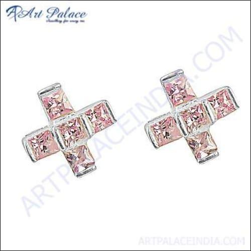 Cute pink cubic zirconia gemstone silver stud earrings, showcasing their elegant design and sparkling stones.