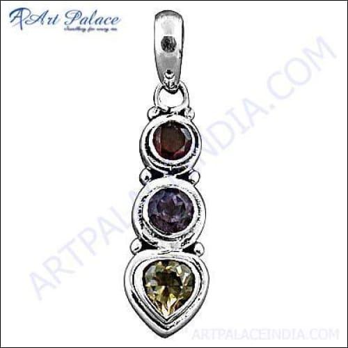 Cute Three-Stone Amethyst, Garnet, and Citrine Gemstone Silver Pendant showcasing vibrant gemstones set in a polished silver frame.