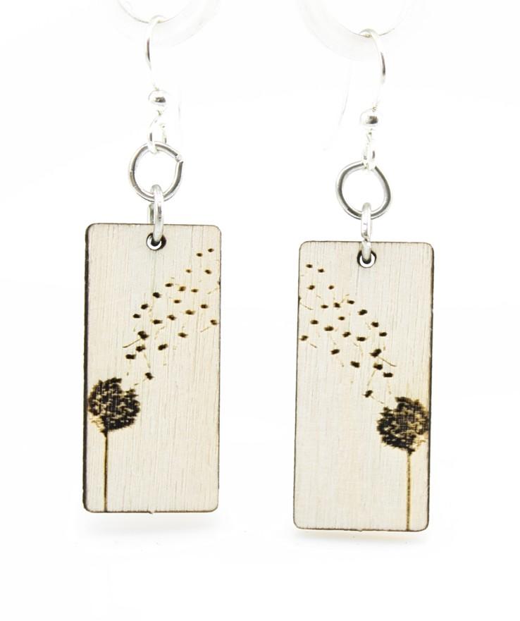 Dandy Lion Blossom Earrings featuring natural wood with black details, showcasing a unique floral design and silver-finished hypoallergenic ear wires.
