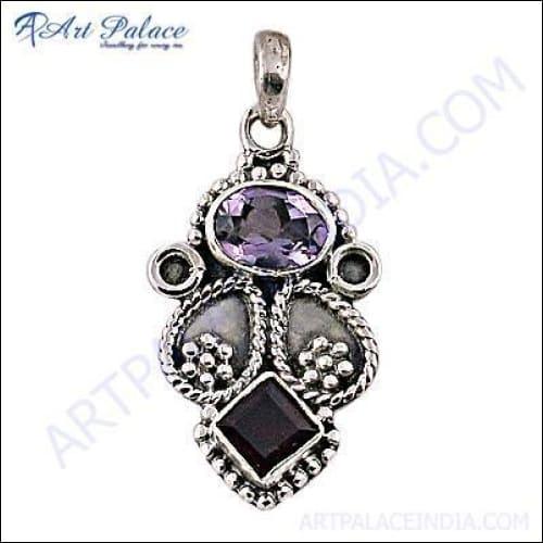 Delicate Amethyst Garnet Gemstone Silver Ethnic Pendant showcasing intricate design and vibrant purple gemstone.