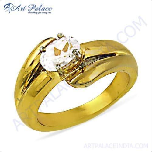 Delicate cubic zirconia gemstone ring made of 925 sterling silver with gold plating, showcasing its elegant design and sparkling stone.