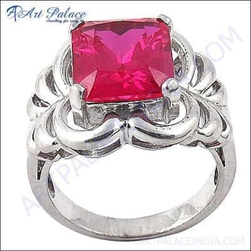 Delicate Pink Cubic Zirconia Gemstone Silver Ring showcasing a vibrant pink stone set in a polished silver band, perfect for elegant occasions.