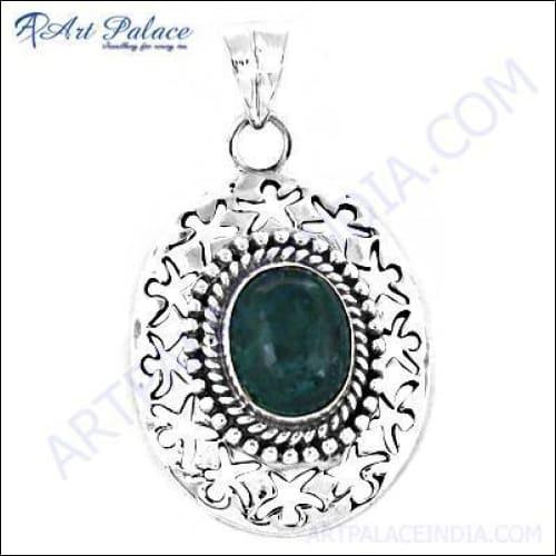 Deep Dark Green Onyx Gemstone Fretwork Silver Pendant showcasing intricate silver design and rich green gemstone.