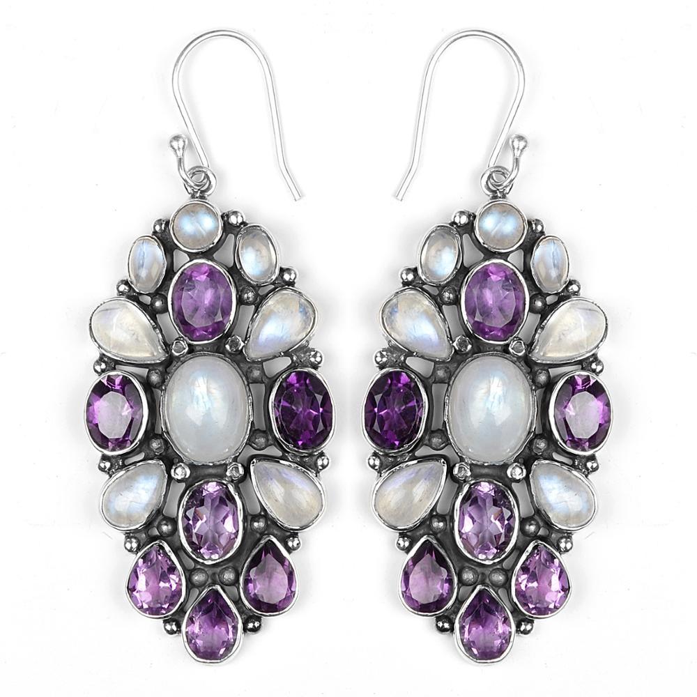 Elegant designer silver earrings featuring amethyst and rainbow moonstone, showcasing a multistone design with intricate craftsmanship.