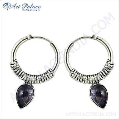 Elegant Designer Amethyst Gemstone Silver Hoop Earrings showcasing a rich purple hue and intricate silver design.