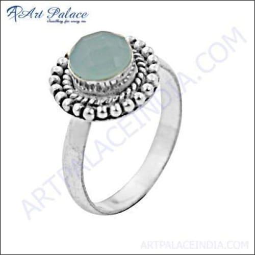 Elegant Designer Blue Chalcedony Gemstone Ring set in German Silver, showcasing a polished blue stone and intricate band design.