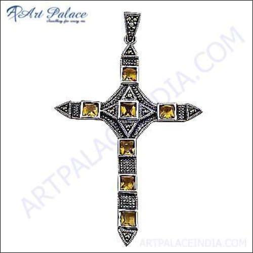 Elegant Designer Citrine Gemstone Silver Cross Pendant showcasing a vibrant citrine stone set in a beautifully crafted silver cross design.