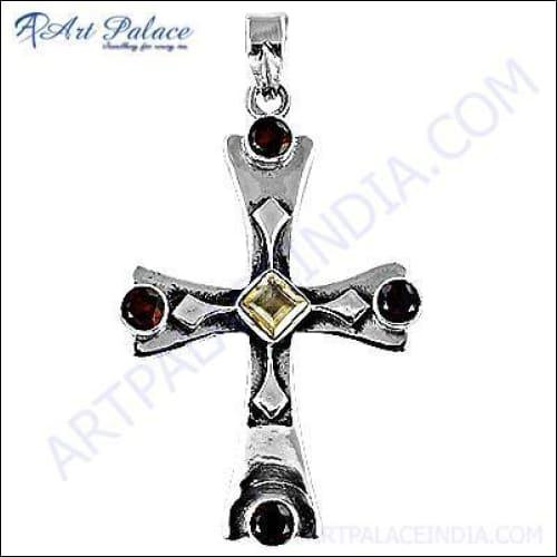 Designer Cross Citrine Garnet Gemstone Silver Pendant featuring a vibrant citrine garnet set in a unique cross design, crafted from high-quality silver.