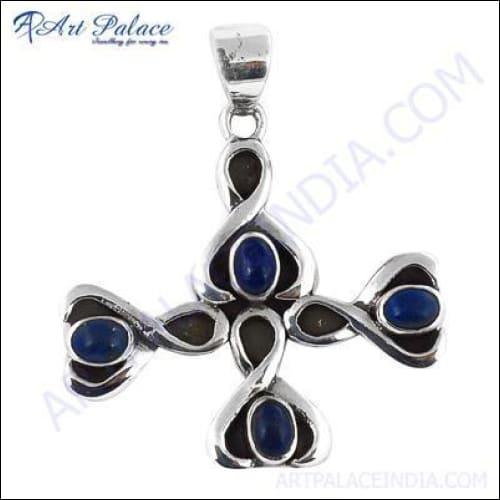 Handcrafted Designer Cross Lapis Lazuli Gemstone Silver Pendant showcasing a deep blue lapis lazuli stone set in an elegant silver cross design.