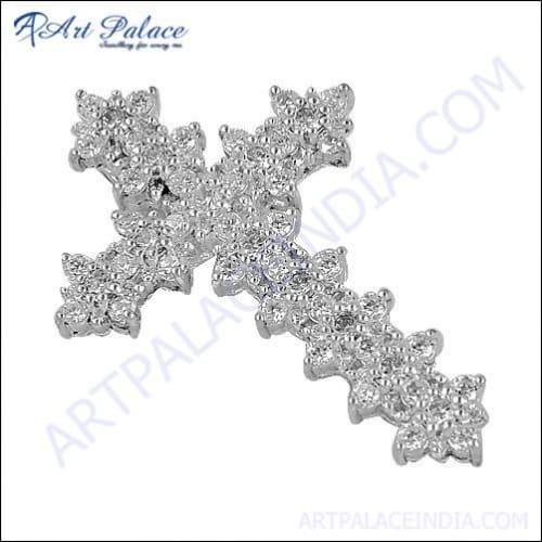 Elegant Designer Cubic Zirconia Silver Cross Pendant showcasing intricate design and sparkling gemstones.
