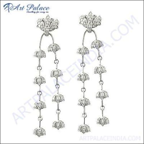Elegant Designer Cubic Zirconia Gemstone Silver Earrings showcasing sparkling stones and intricate silver design.
