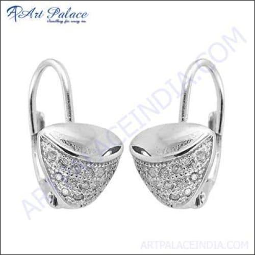 Elegant Designer Cubic Zirconia Gemstone Silver Earrings, showcasing sparkling stones in a stylish silver setting.