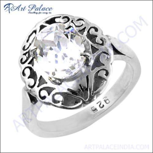 Elegant Designer Gemstone Silver Ring featuring sparkling cubic zirconia stones, showcasing intricate craftsmanship and modern design.