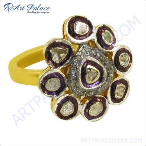 Designer Gold Plated Diamond Silver Ring featuring Victorian design with intricate detailing and sparkling diamond accents.