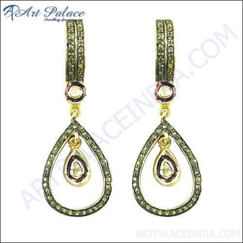 Elegant Designer Gold Plated Diamond Silver Victorian Earrings showcasing intricate Victorian design with sparkling diamond accents.