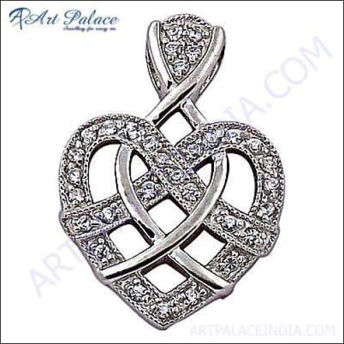 Designer heart-shaped silver pendant featuring a gemstone and cubic zirconia, showcasing elegance and craftsmanship.