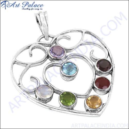 Designer Heart Multi-Gemstone 925 Silver Pendant featuring a heart shape adorned with colorful gemstones, showcasing exquisite craftsmanship.