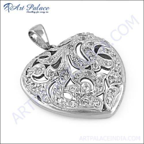 Elegant Designer Heart Style Silver Pendant with Cubic Zirconia gemstones, showcasing a beautiful heart design.