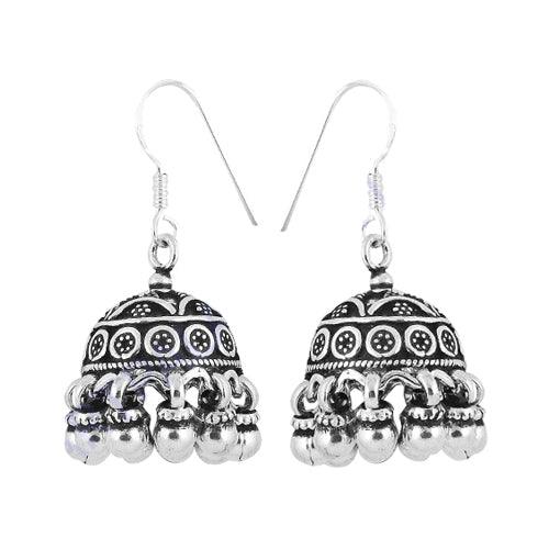 A pair of elegant Designer Indian Style 925 Sterling Silver Jhumka Earrings featuring intricate detailing and a traditional bell shape.