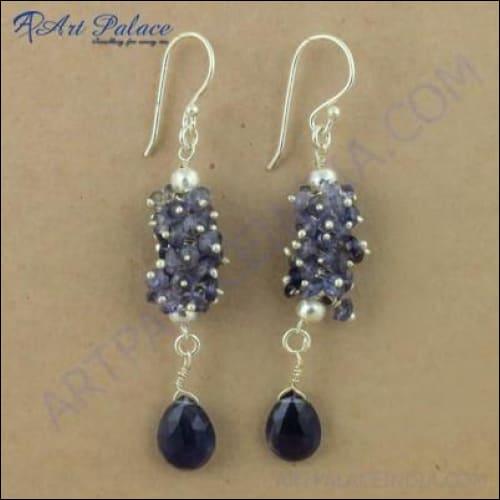 Elegant Designer Iolite Gemstone 925 Silver Earrings showcasing deep blue-violet hues, perfect for stylish occasions.