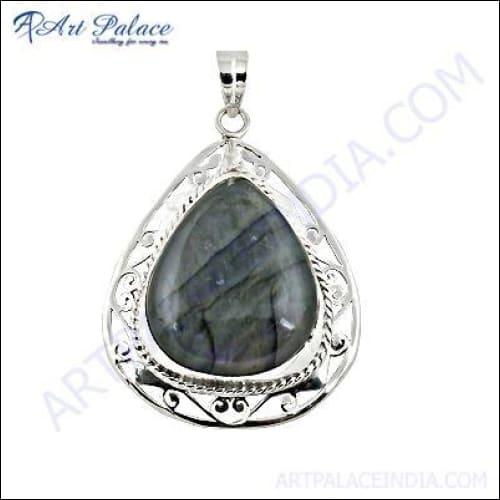A beautifully crafted Designer Labradorite Gemstone Silver Pendant showcasing iridescent colors and intricate silver detailing.