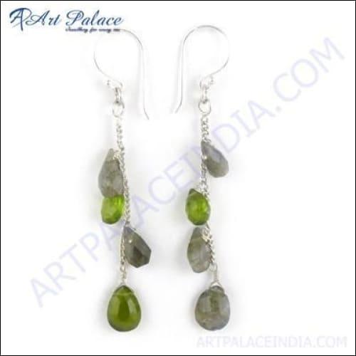 Elegant Designer Labradorite and Peridot Gemstone Silver Earrings showcasing unique craftsmanship and vibrant colors.