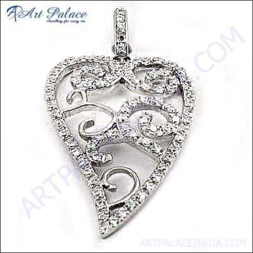 Elegant Designer Leaf Style Silver Pendant with Cubic Zirconia gemstones, showcasing intricate leaf design and sparkling details.