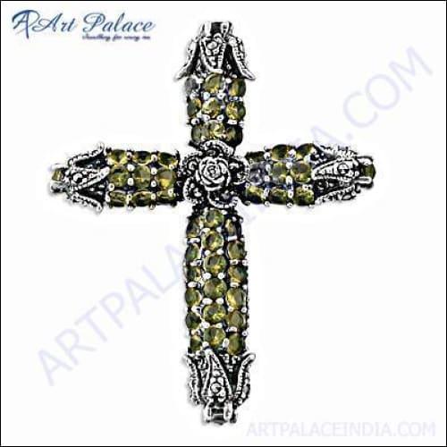 Elegant silver cross pendant featuring a vibrant lemon quartz gemstone, showcasing intricate craftsmanship and design.