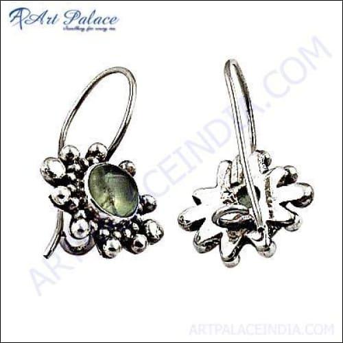 Elegant Designer Prehnite Gemstone Silver Earrings showcasing intricate craftsmanship and stunning green hues.