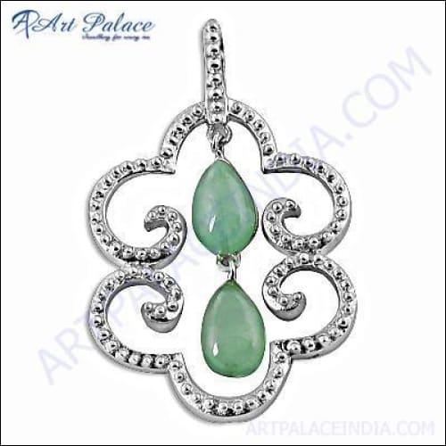 Designer Prehnite Gemstone Silver Pendant showcasing a translucent green prehnite stone set in intricate 925 silver craftsmanship.