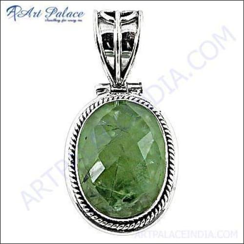 A beautifully crafted Designer Prehnite Gemstone Silver Pendant made from 925 sterling silver, showcasing a vibrant green Prehnite stone.