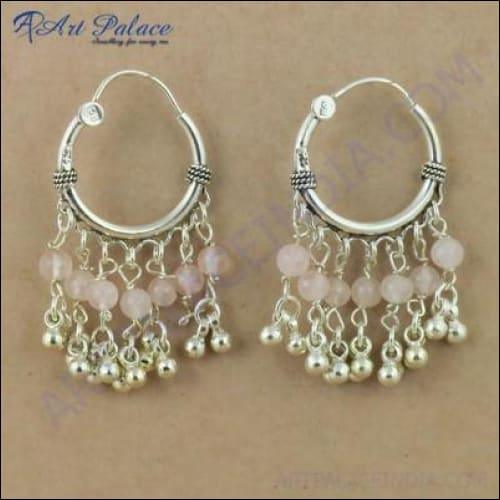 Handmade Designer Rose Quartz Gemstone Bali Silver Earrings, showcasing elegant craftsmanship and soft pink hues.