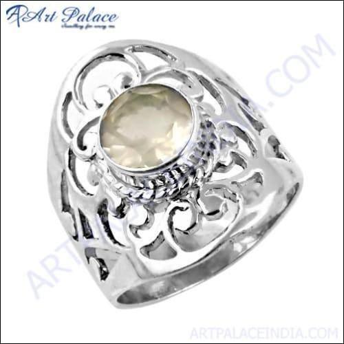 Designer Rose Quartz Gemstone Silver Fretwork Ring featuring intricate silver design and a beautiful pink gemstone.