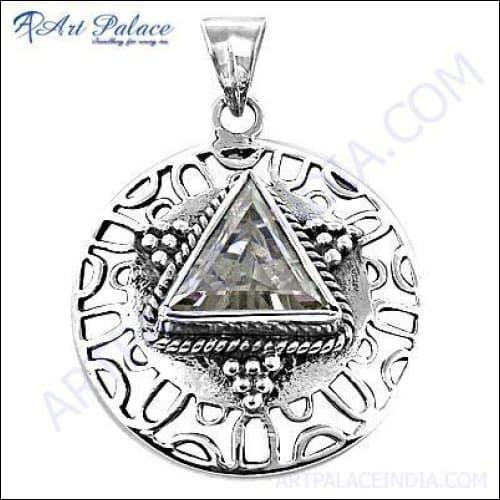 Designer silver pendant featuring a triangle crystal gemstone, showcasing intricate craftsmanship and elegant design.