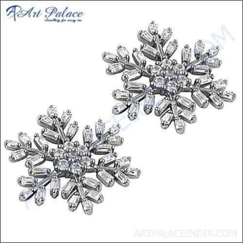 A pair of elegant Designer White Cubic Zirconia Stud Earrings set in 925 sterling silver, showcasing brilliant white stones.
