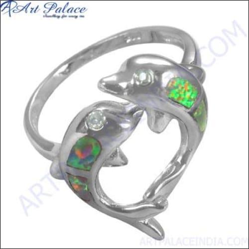 Dolphin 925 Sterling Silver Gemstone Ring featuring intricate inlay gemstones, showcasing elegance and craftsmanship.