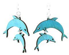 Aqua Marine Dolphin Earrings #1079 made from sustainably sourced wood with silver-finished stainless steel ear wires, showcasing intricate laser-cut design.