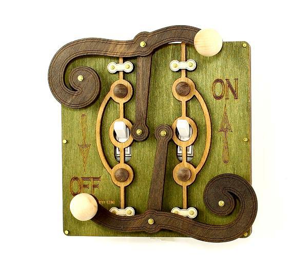 Green Double Fulcrum Switch Plate 8006B featuring a gear handle, designed for single toggle light switches with Apple Green and wood accents.