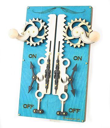 Aqua Marine Double Rack & Pinion Switch Plate 8005D featuring a gear handle and natural wood accents, designed for single toggle light switches.