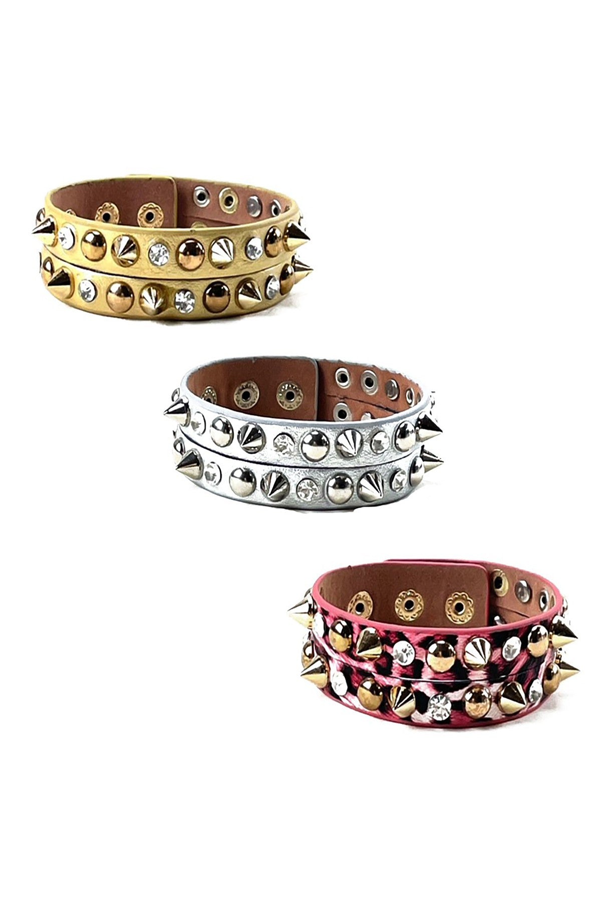 Double spiked crystal bracelet made of faux leather with a snap button closure, featuring sparkling spikes.