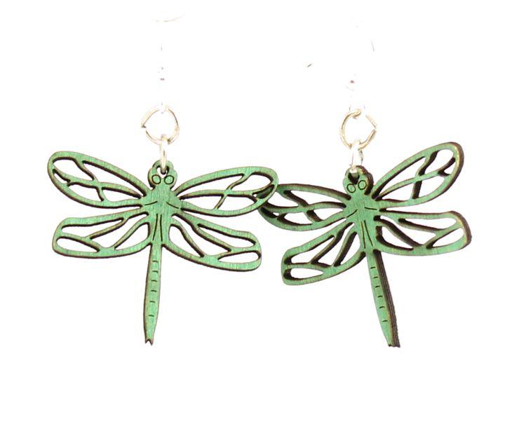 Emerald colored Dragonfly Blossoms #113 earrings made from sustainably sourced wood with silver-finished stainless steel ear wires.