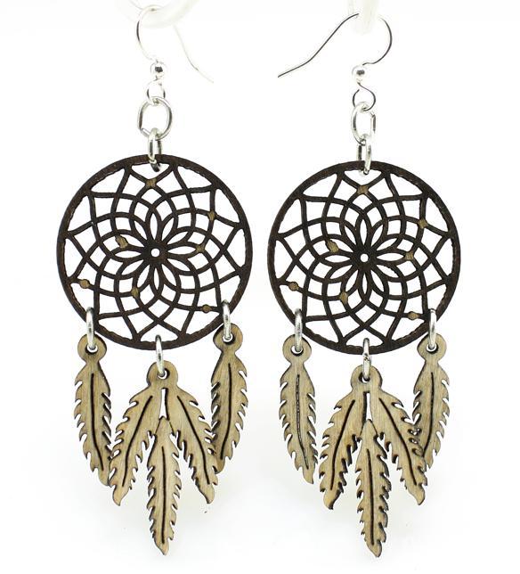 Dreamcatcher with feather earrings featuring natural wood and black accents, showcasing a unique and stylish design.