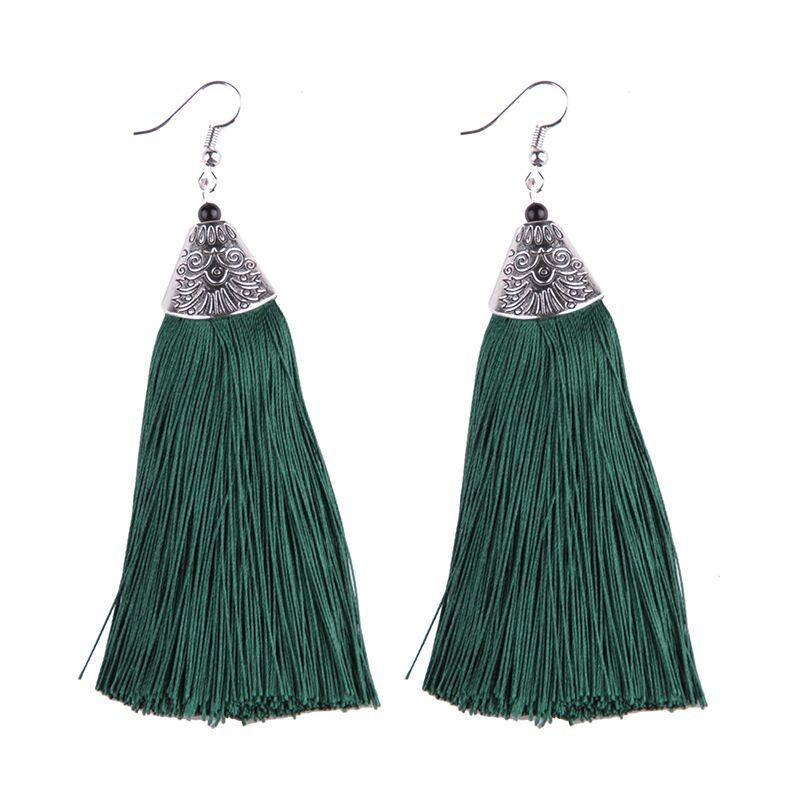Stylish army green Drop Tassel Earrings made of high-quality thread, featuring a metal cap for added elegance.