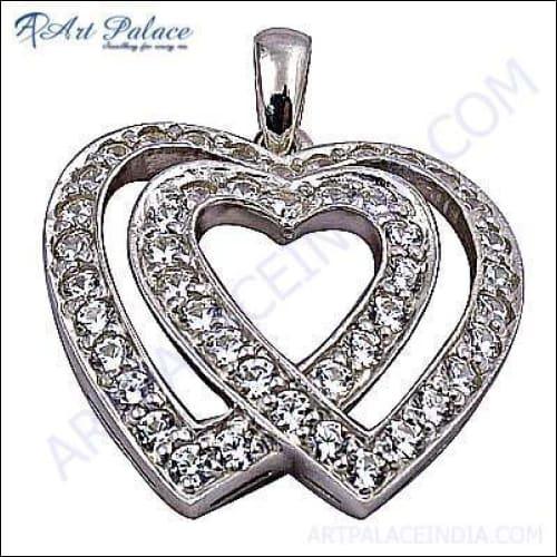 Elegant Dual Heart Style Silver Pendant with Cubic Zirconia gemstones, showcasing a unique design perfect for any occasion.