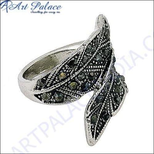 Dual Leaf Style Marcasite Silver Ring with Gun Metal, showcasing intricate leaf design and sparkling marcasite stones.