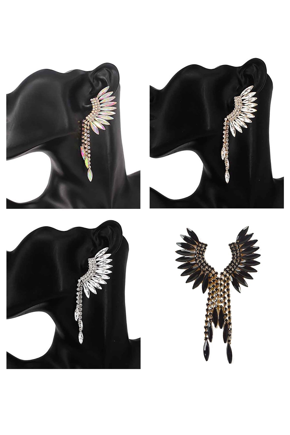 Elegant Crystal Wing Fringe Earrings with a shimmering design and secure post back closure, perfect for any occasion.
