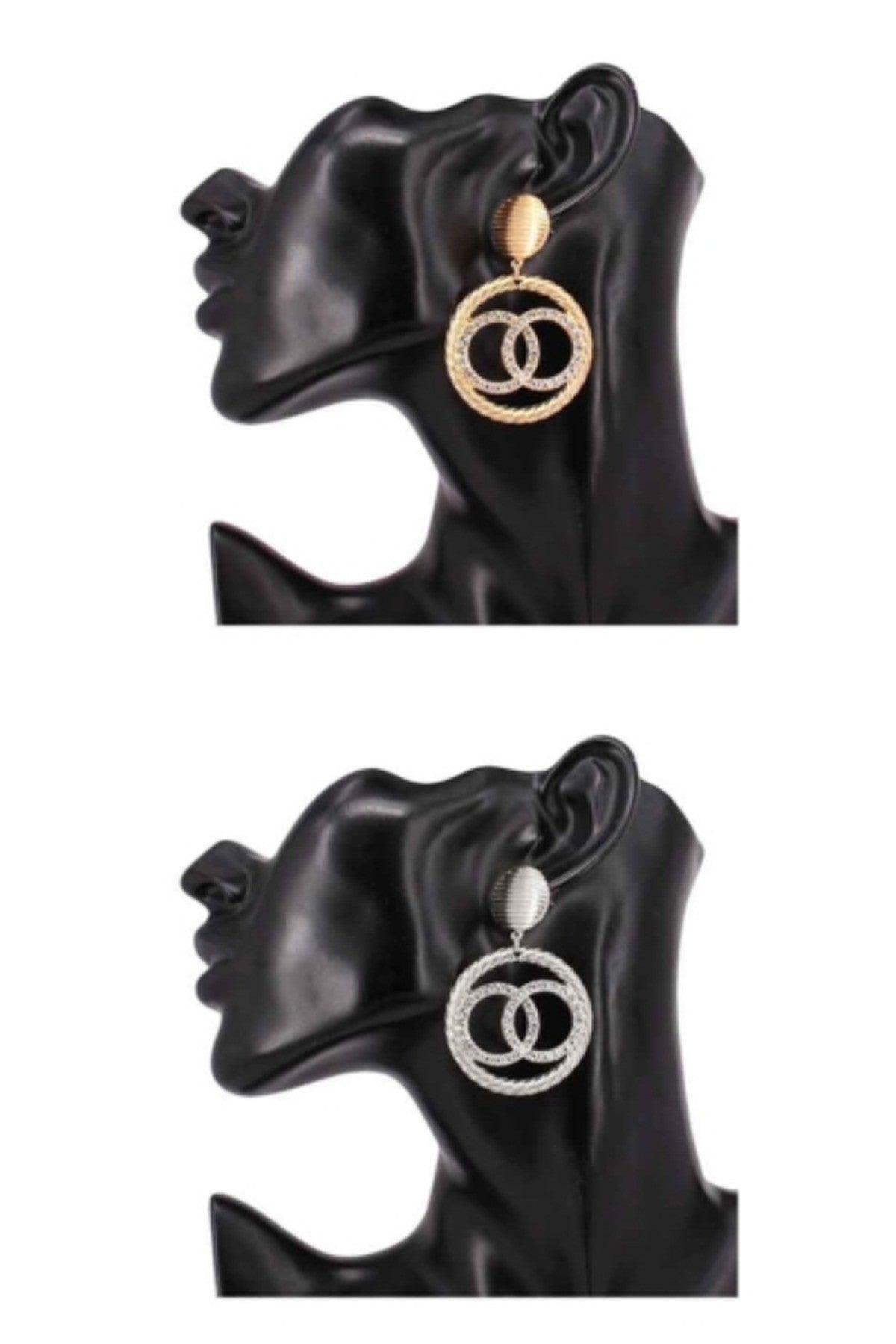 Elegant earrings featuring a crystal overlap circle design, showcasing a 2-inch circle and a 2.3-inch drop length.