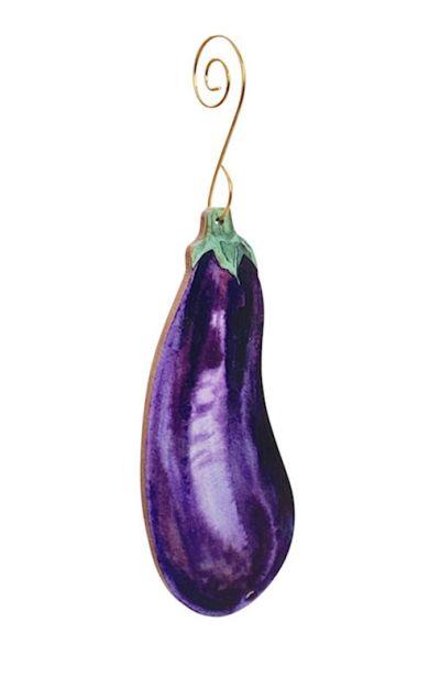 Eco-friendly Eggplant Ornament #T163 made from birch wood or recycled paper, featuring a unique design and glossy finish.